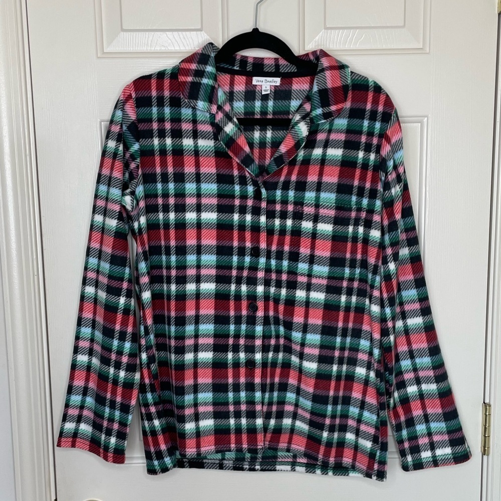 Vera Bradley Flannel‎ Plaid Pajama Top Red Green & Pink Button Front Sleep Shirt
